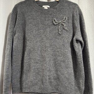 H&M Crew Neck Crystal Bow Grey Sweater